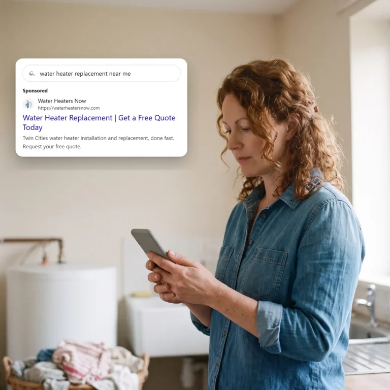 A homeowner on her phone, looking at a search ad from Water Heaters Now