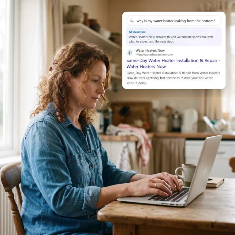 A homeowner searching on her laptop and finding Water Heaters Now in the search and AI results
