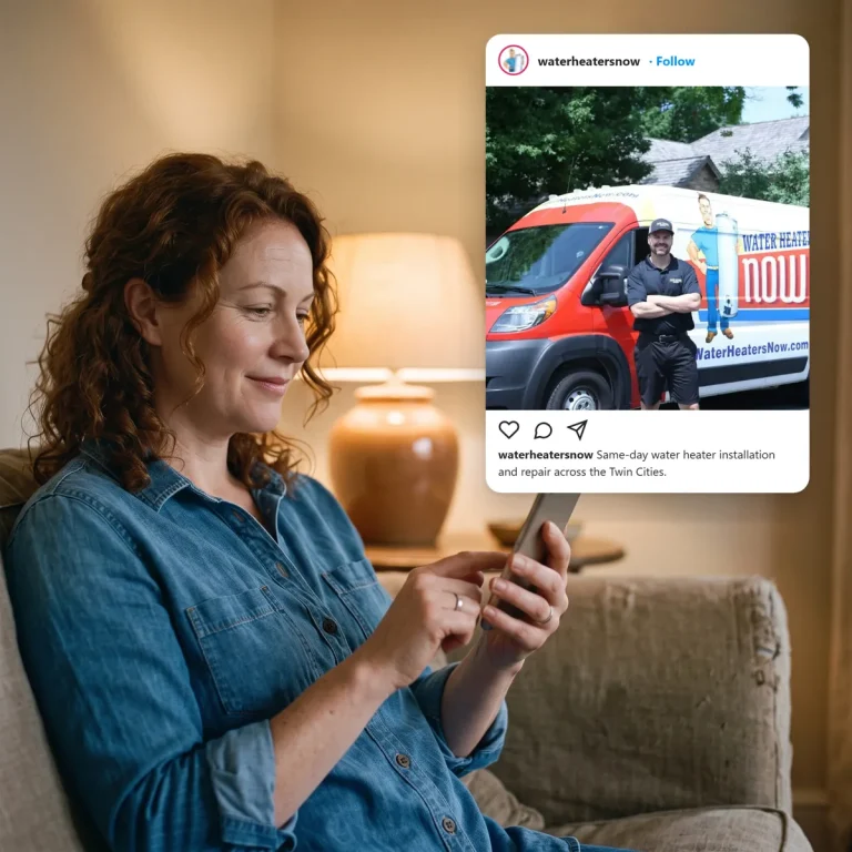 A homeowner scrolling social media and seeing a post from Water Heaters Now