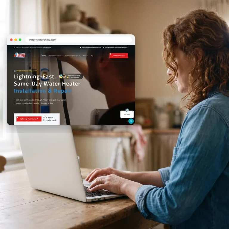 A homeowner browsing the website of Water Heaters Now