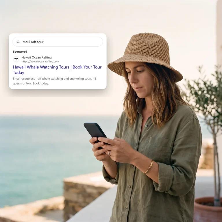A traveler on her phone, looking at a search ad from Hawaii Ocean Rafting