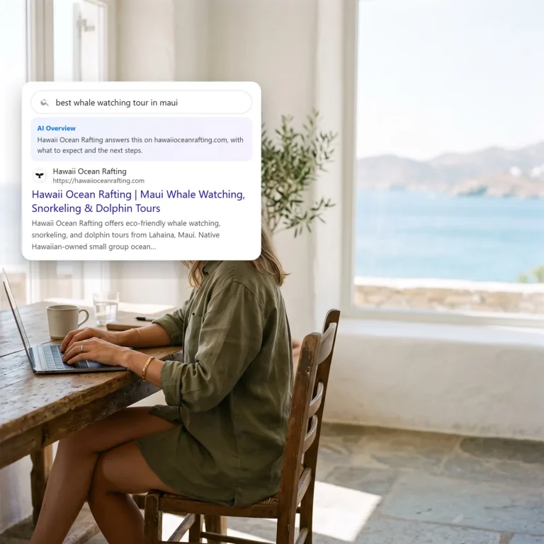 A traveler searching on her laptop and finding Hawaii Ocean Rafting in the search and AI results