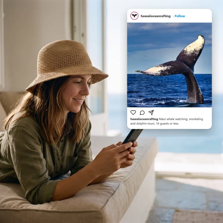 A traveler scrolling social media and seeing a post from Hawaii Ocean Rafting