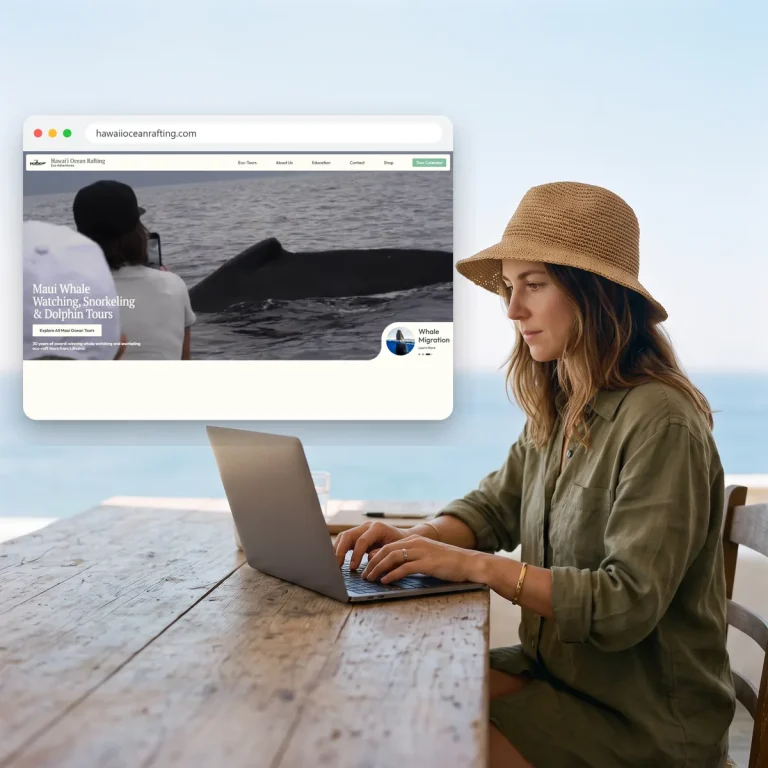 A traveler browsing the website of Hawaii Ocean Rafting
