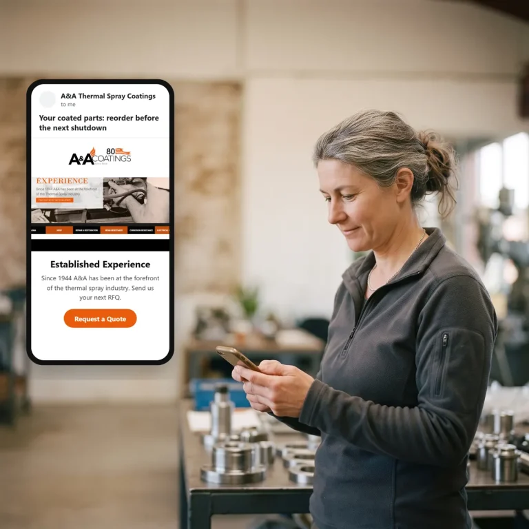 An engineer reading an email from A&A Thermal Spray Coatings on her phone