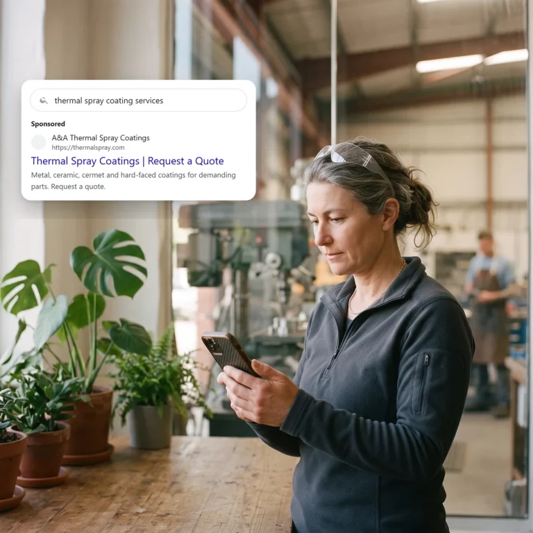 An engineer on her phone, looking at a search ad from A&A Thermal Spray Coatings