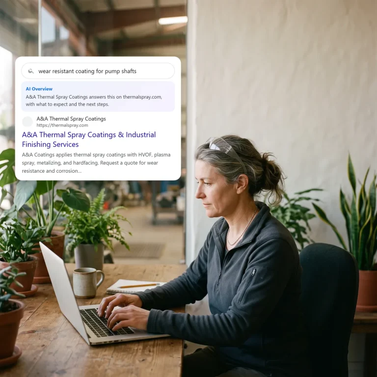 An engineer searching on her laptop and finding A&A Thermal Spray Coatings in the search and AI results