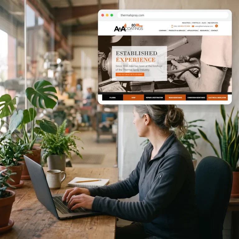 An engineer browsing the website of A&A Thermal Spray Coatings