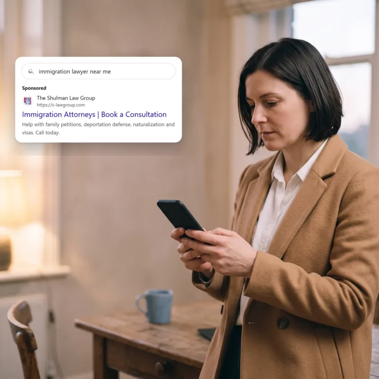 A client on her phone, looking at a search ad from The Shulman Law Group