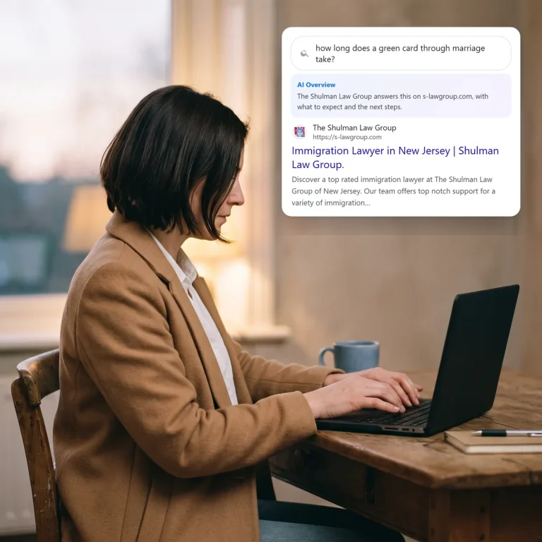 A client searching on her laptop and finding The Shulman Law Group in the search and AI results