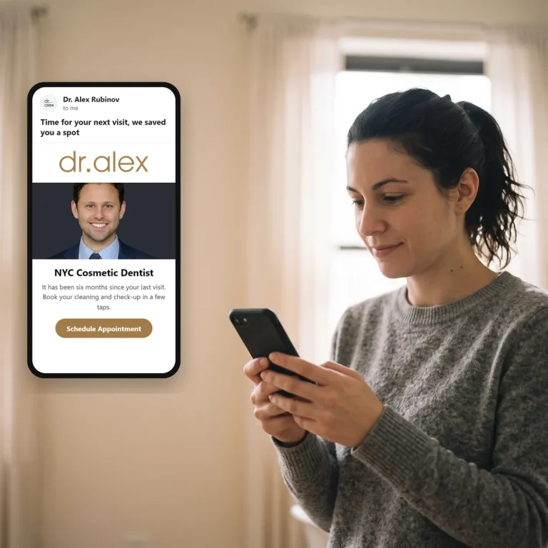 A patient reading an email from Dr. Alex Rubinov on her phone