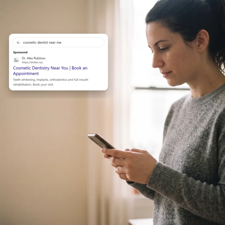 A patient on her phone, looking at a search ad from Dr. Alex Rubinov