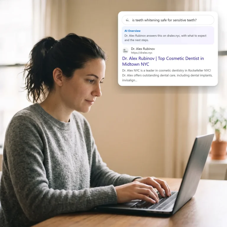 A patient searching on her laptop and finding Dr. Alex Rubinov in the search and AI results