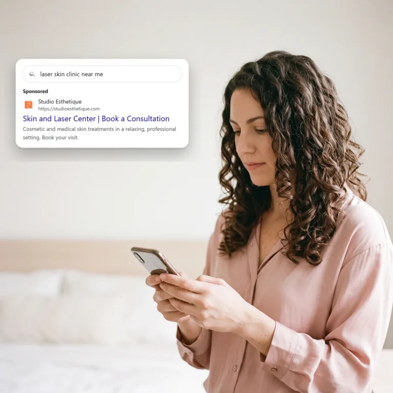 A client on her phone, looking at a search ad from Studio Esthetique