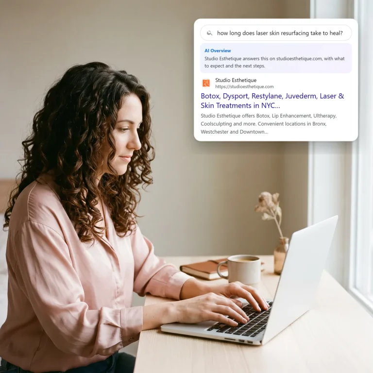 A client searching on her laptop and finding Studio Esthetique in the search and AI results