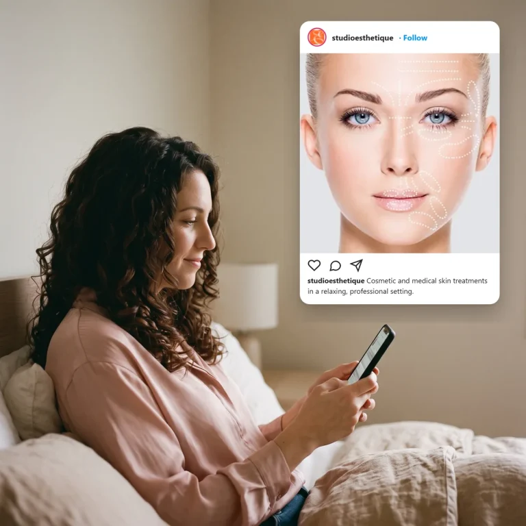 A client scrolling social media and seeing a post from Studio Esthetique