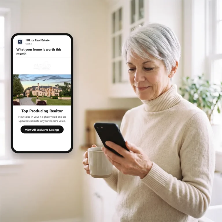 A homeowner reading an email from NJLux Real Estate on her phone