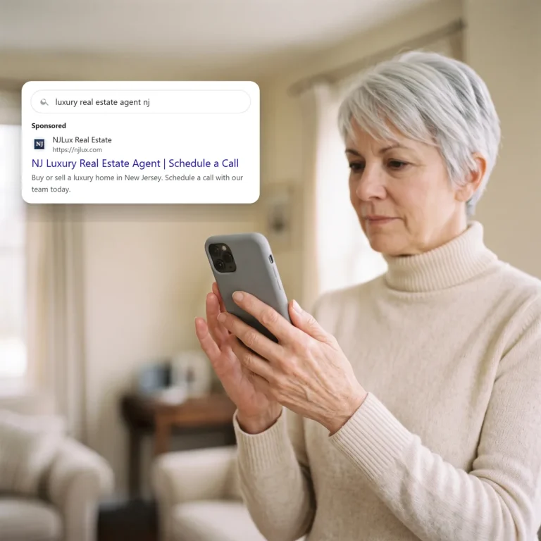 A homeowner on her phone, looking at a search ad from NJLux Real Estate