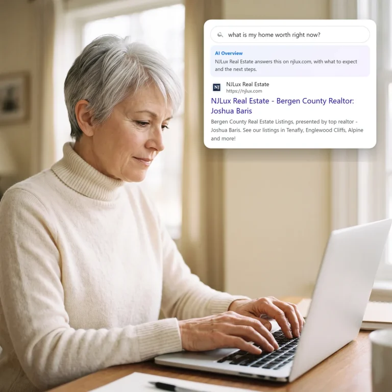 A homeowner searching on her laptop and finding NJLux Real Estate in the search and AI results