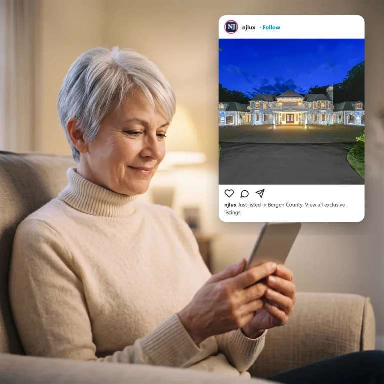 A homeowner scrolling social media and seeing a post from NJLux Real Estate