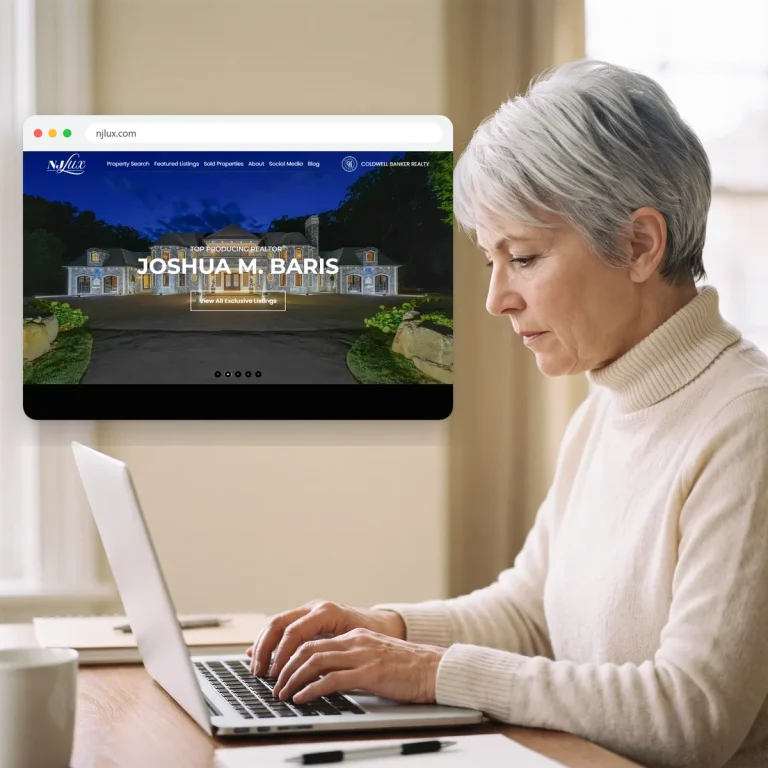 A homeowner browsing the website of NJLux Real Estate