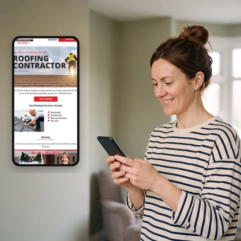 A homeowner reading an email from Honey-Do-Men on her phone