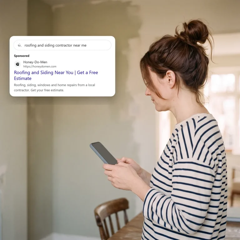 A homeowner on her phone, looking at a search ad from Honey-Do-Men