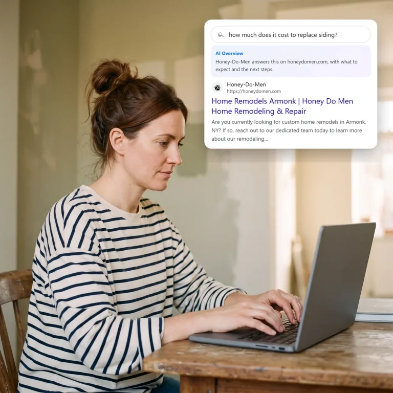 A homeowner searching on her laptop and finding Honey-Do-Men in the search and AI results