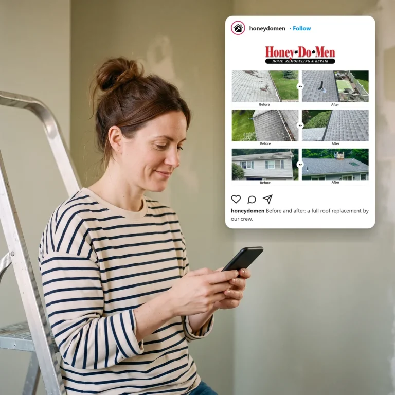 A homeowner scrolling social media and seeing a post from Honey-Do-Men