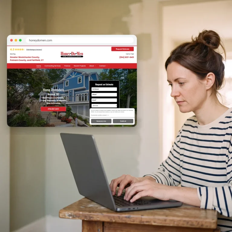 A homeowner browsing the website of Honey-Do-Men