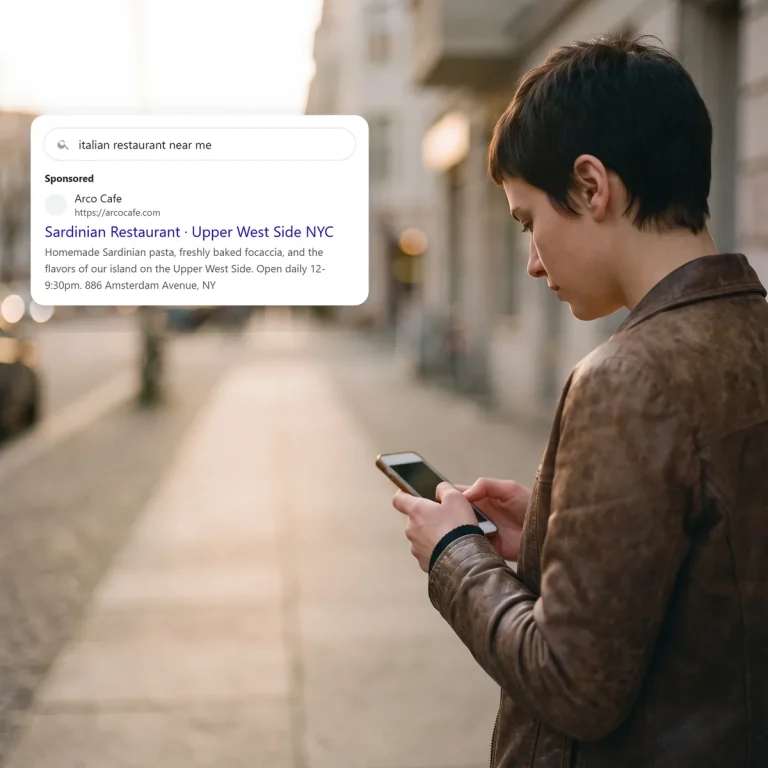 A diner on her phone, looking at a search ad from Arco Cafe