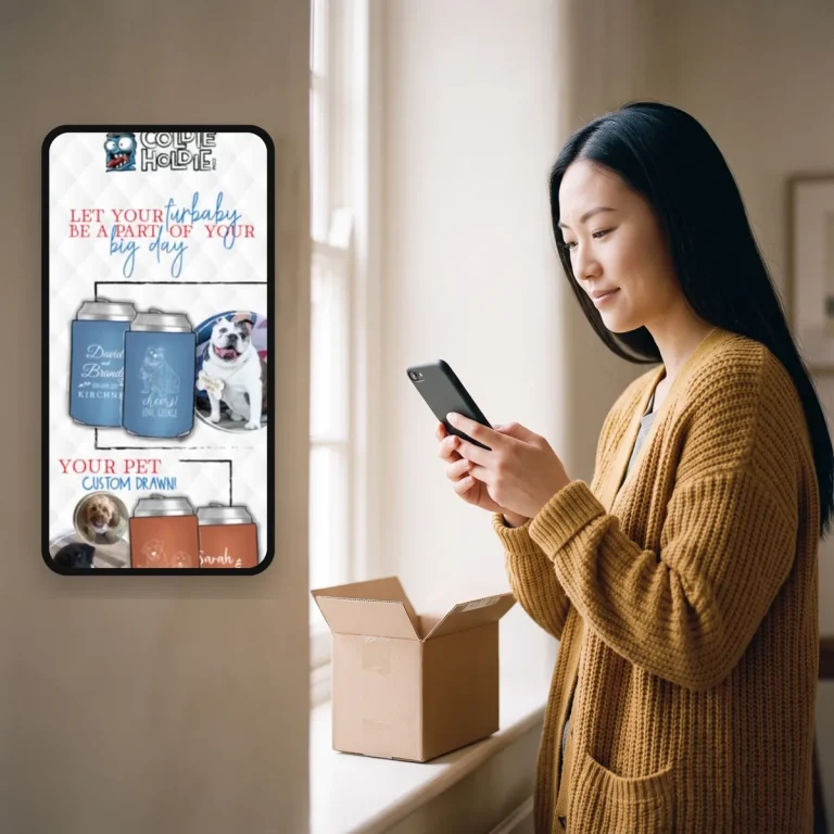 A shopper reading an email from Coldie Holdie on her phone