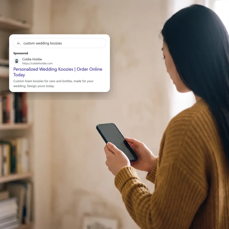 A shopper on her phone, looking at a search ad from Coldie Holdie
