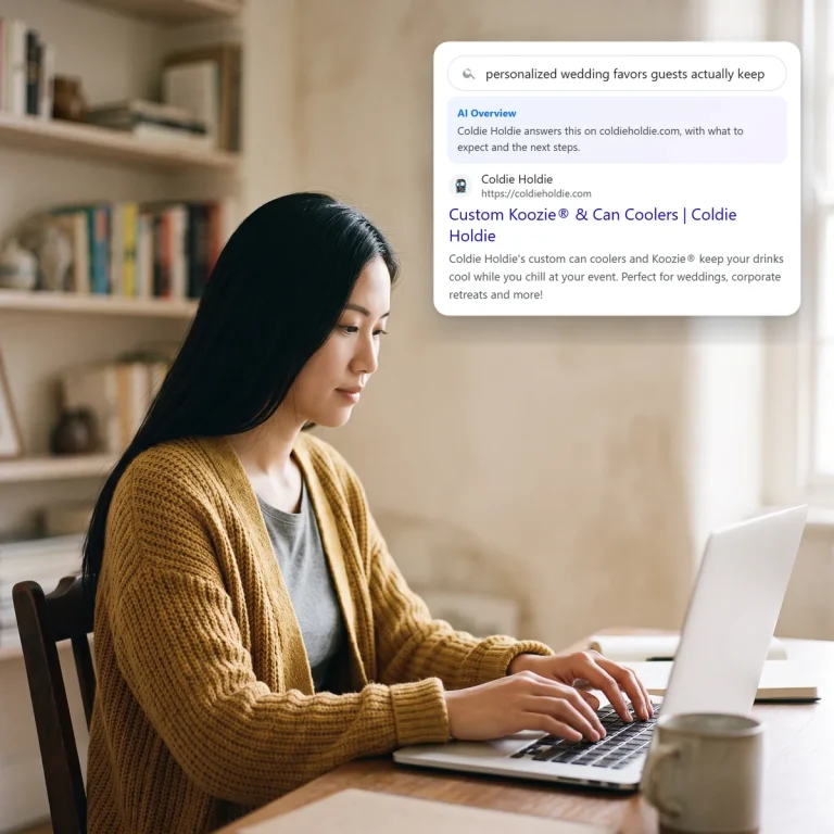 A shopper searching on her laptop and finding Coldie Holdie in the search and AI results