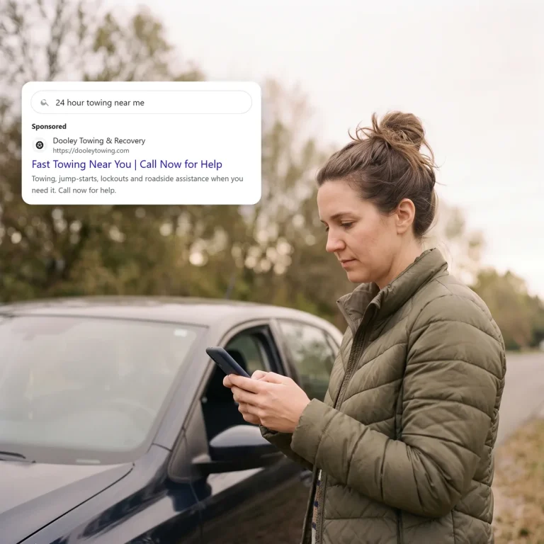 A stranded driver on her phone, looking at a search ad from Dooley Towing & Recovery