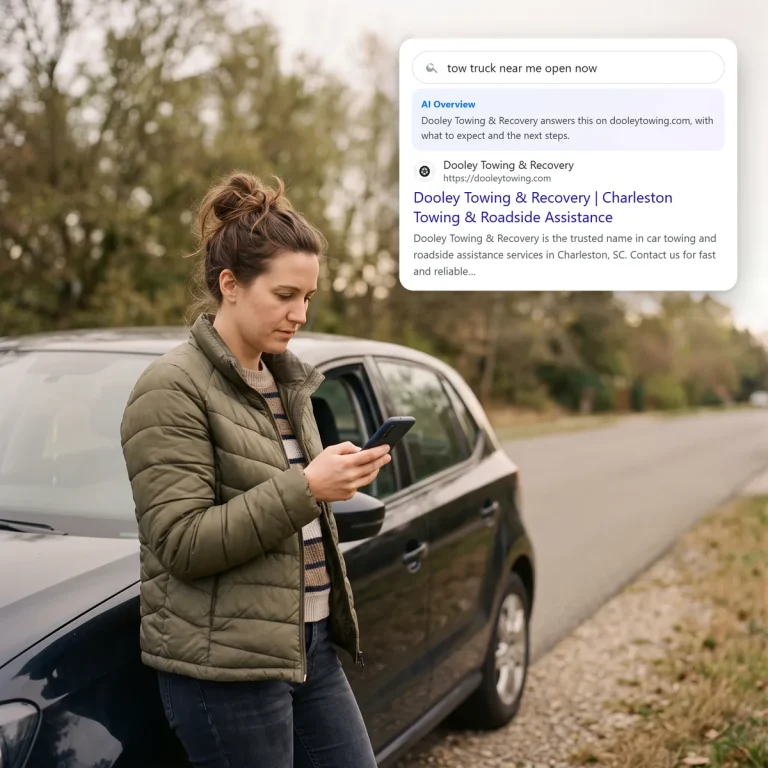 A stranded driver searching on her laptop and finding Dooley Towing & Recovery in the search and AI results