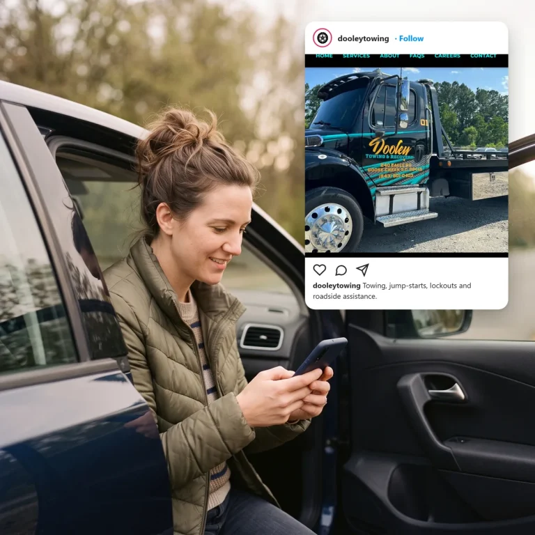 A stranded driver scrolling social media and seeing a post from Dooley Towing & Recovery