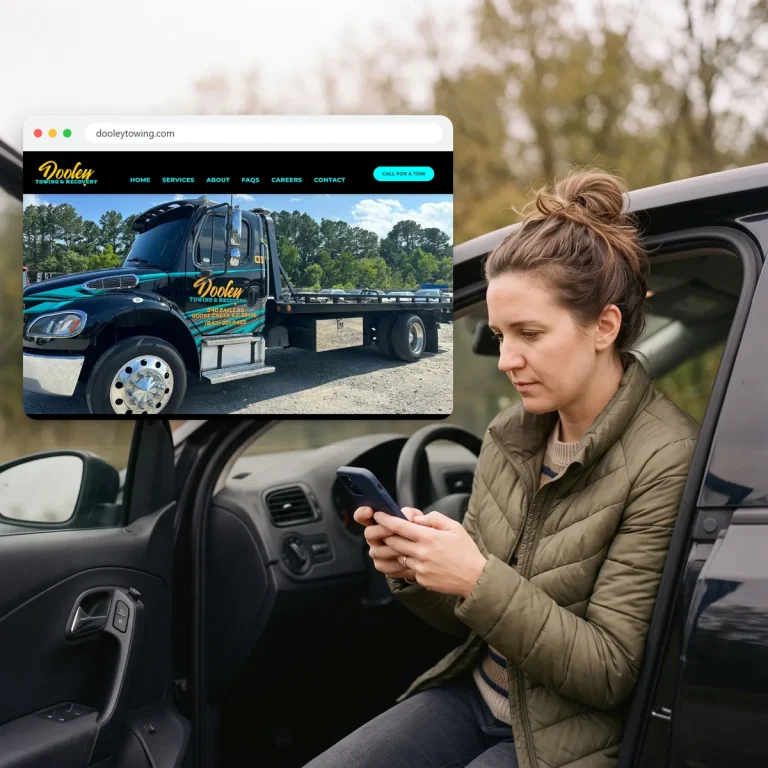 A stranded driver browsing the website of Dooley Towing & Recovery