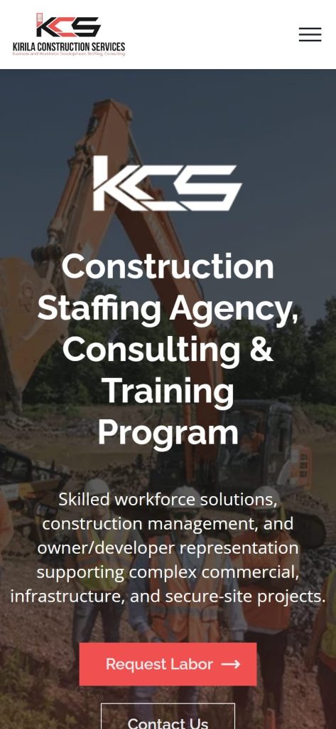 Kirila Construction Services homepage on a phone