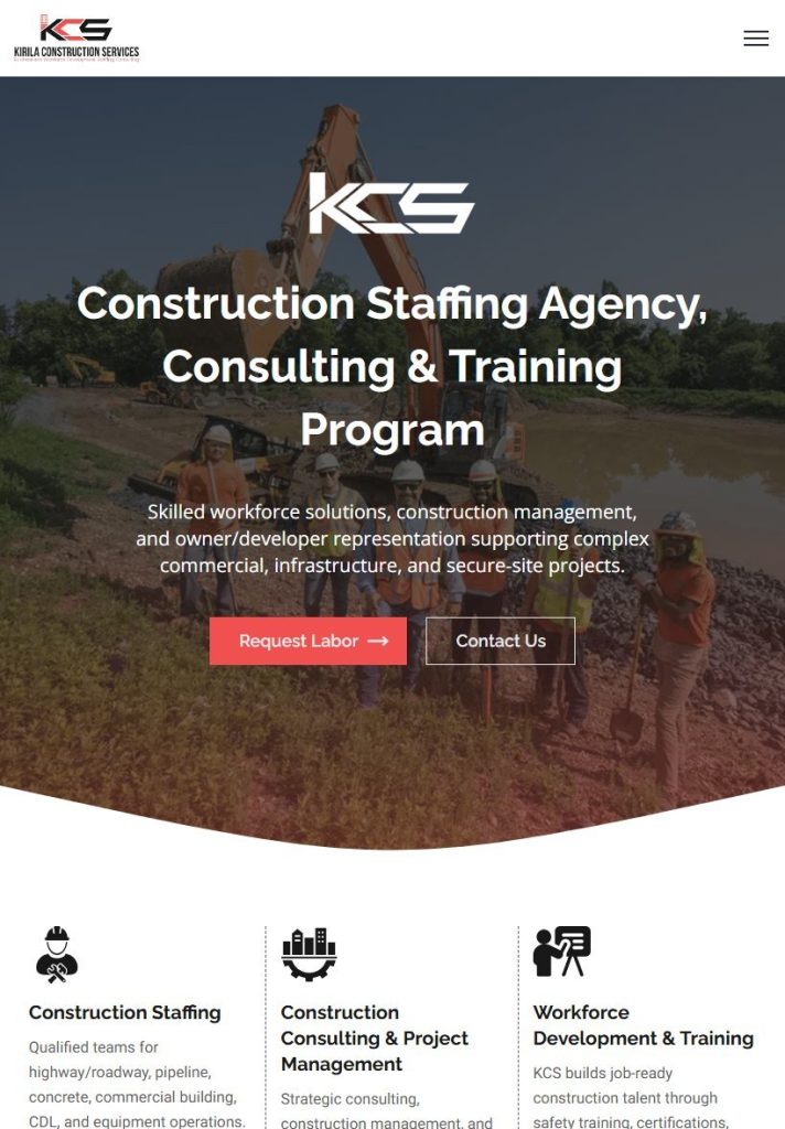 Kirila Construction Services homepage on a tablet