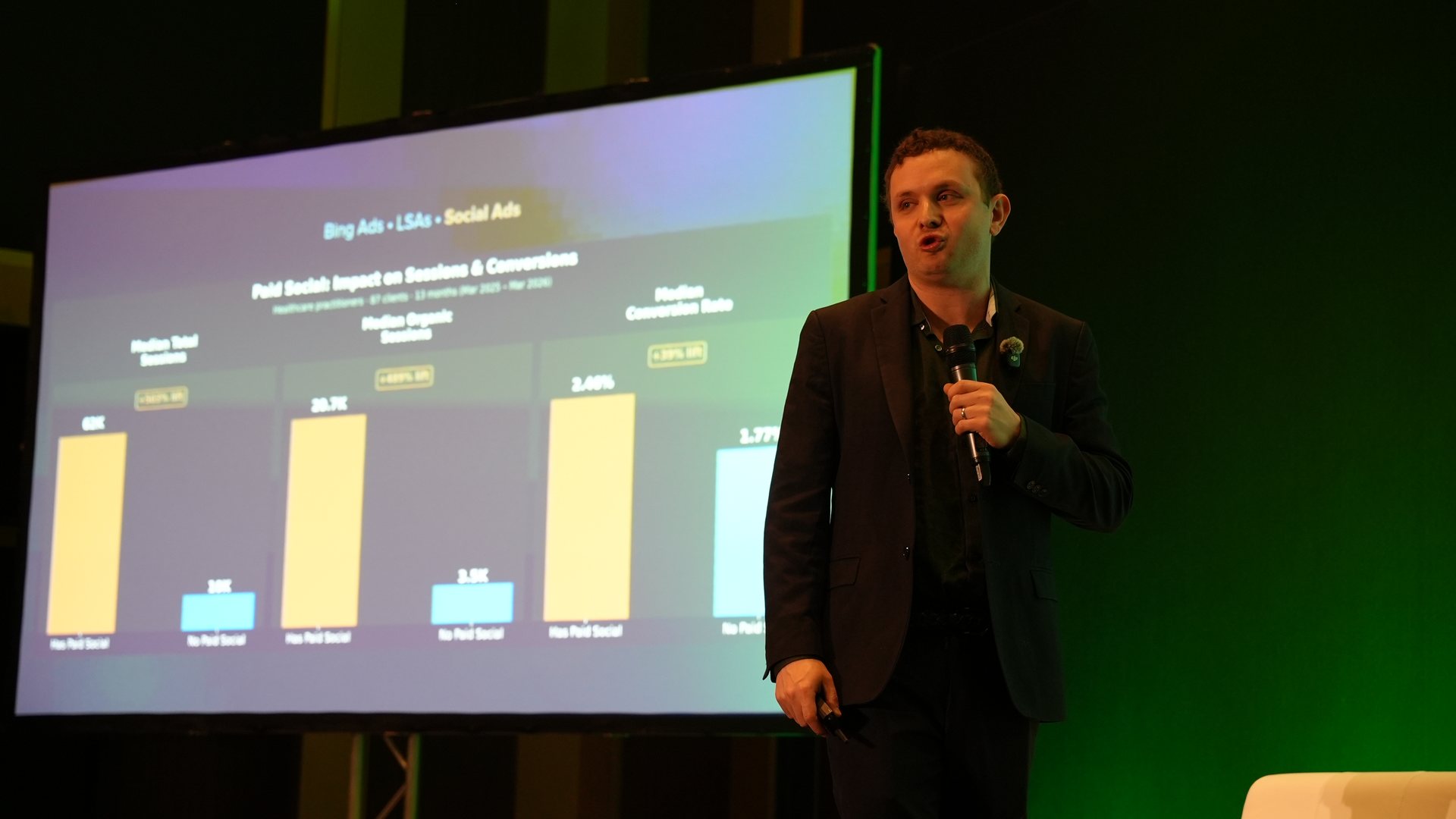 Michael Melen presenting healthcare PPC data at LeadsCon Las Vegas 2026
