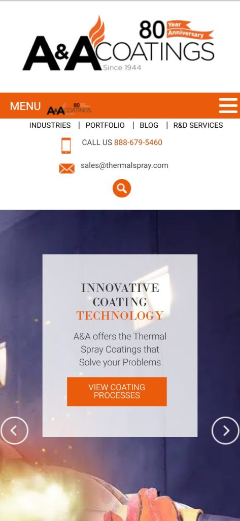 A&A Thermal Spray homepage on a phone