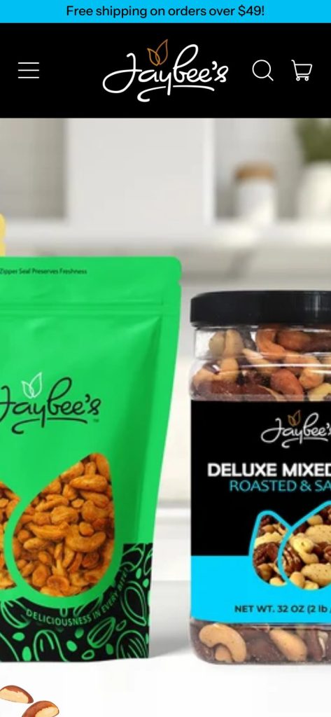 Jaybee’s Nuts & Dried Fruit homepage on a phone