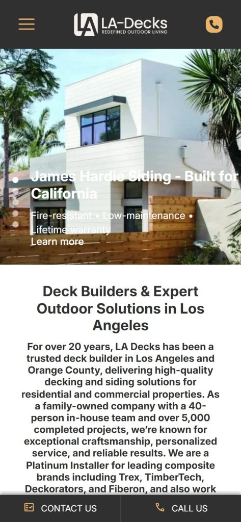 LA Decks homepage on a phone