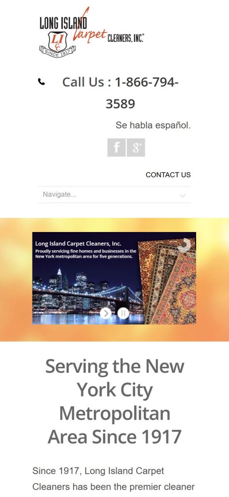 Long Island Carpet Cleaners homepage on a phone