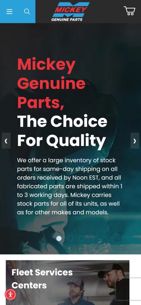 Mickey Truck Bodies homepage on a phone