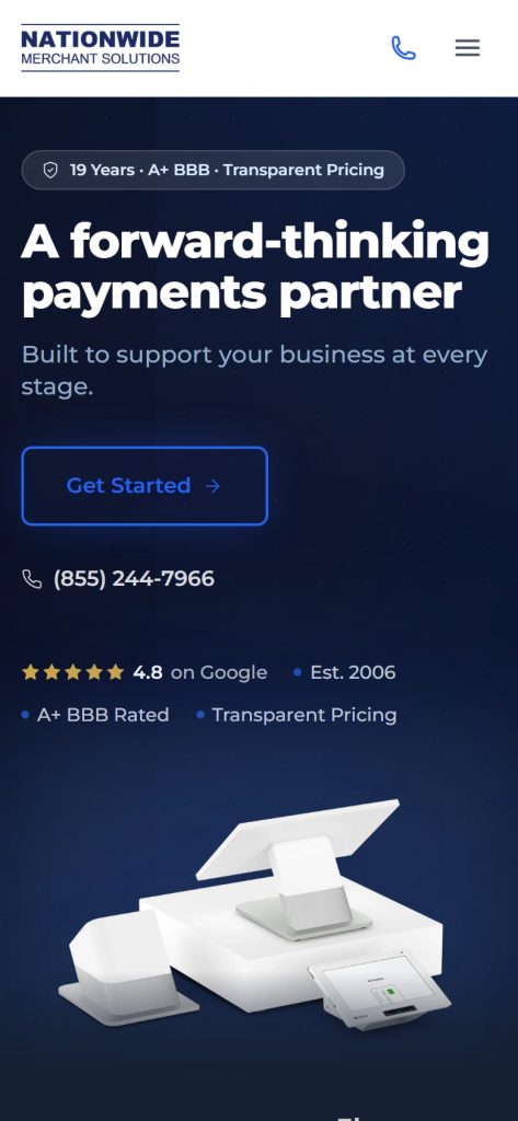 Nationwide Merchant Solutions homepage on a phone
