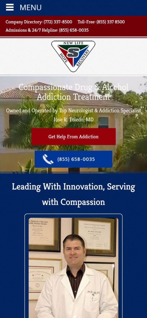 New Life Addiction Treatment Center homepage on a phone