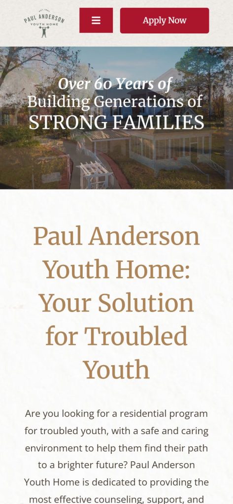 Paul Anderson Youth Home homepage on a phone