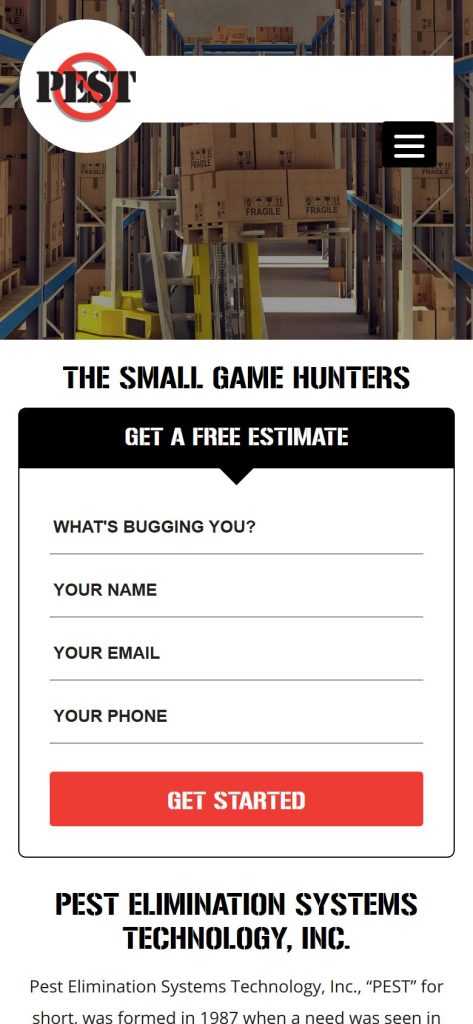 PEST Elimination Systems homepage on a phone